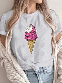 Women's T-Shirt [New Summer Recommendation] Ice Cream Print T-Shirt, Casual For Women, Vacation, Short Sleeve, Round Neck, Spring And Summer, Machine Washable, New Women's Clothing, Versatile, Casual Going Tops For Women - 白色 - 查看 11
