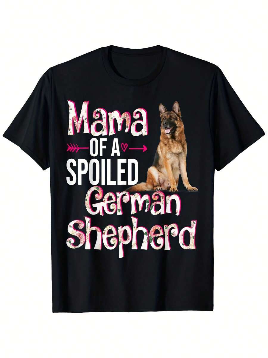 Grafik-T-Shirt "Mama eines verwöhnten Deutschen Schäferhundes" – Schwarze Baumwolle, lässiger Rundhalsausschnitt, kurze Ärmel, hundemotiviertes Design mit rosa Text & Herz-Illustration, perfekt für sommerlichen Outdoor-Spaß, Größen S-XXXL, Hundet-Shirt, Freizeitkleidung, verspieltes Design, bequeme Passform, für Hundeliebhaber - Schwarz - Übersicht 1