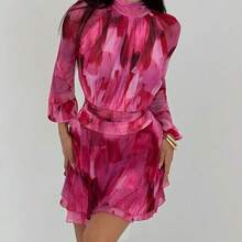 Vestido de manga larga ajustado con silueta de paraguas para mujer, nuevo para otoño/invierno, para uso casual/citas/salidas/maestras, vestido romántico con estampado de teñido anudado en púrpura y cuello alto con lazo en la cintura - Amarillo - Ver 5
