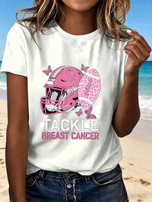 Tackle Breast Cancer Pink Football Helmet And Ball Design T Shirt With Fashionable Design Cute Pattern For Beach Outing Perfect Gift - 白色 - 查看 1