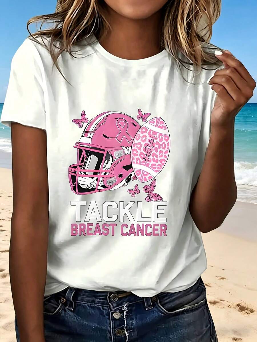 Tackle Breast Cancer Pink Football Helmet And Ball Design T Shirt With Fashionable Design Cute Pattern For Beach Outing Perfect Gift - 白色 - 查看 1