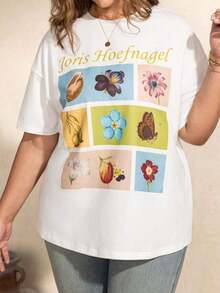 Touch Of Art Joris Hoefnagel Plus Size Floral And Letter Print T-Shirt, Crew Neck, Drop Shoulder, Short Sleeve, Women's Graphic Tees, Floral Print T-Shirt, Vintage T-Shirts, Women's Graphic Tees, Plus Size Streetwear For Women, Cute Summer Tops, Plus Size Summer T-Shirt - 白色 - 查看 2