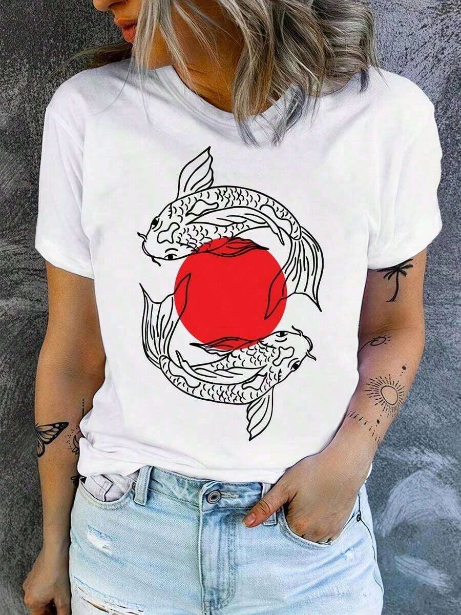 A Classic And Versatile Piece: A Short-Sleeved, Pure Cotton T-Shirt Printed With A Japanese Koi Fish Design. Modern Style. - White - View 1