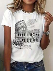 1 pieza clásica y versátil, camiseta de manga corta de algodón puro con estampado de Coliseo Romano y edificios icónicos, ideal para usar en cualquier estación. Estilo moderno - Blanco - Ver 7