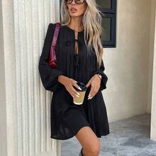 Vestido de manga larga a rayas, estilo francés, plisado, vestido negro de mujer de manga larga de temporada, ropa de mujer retro, elegante - Burdeos - Ver 5