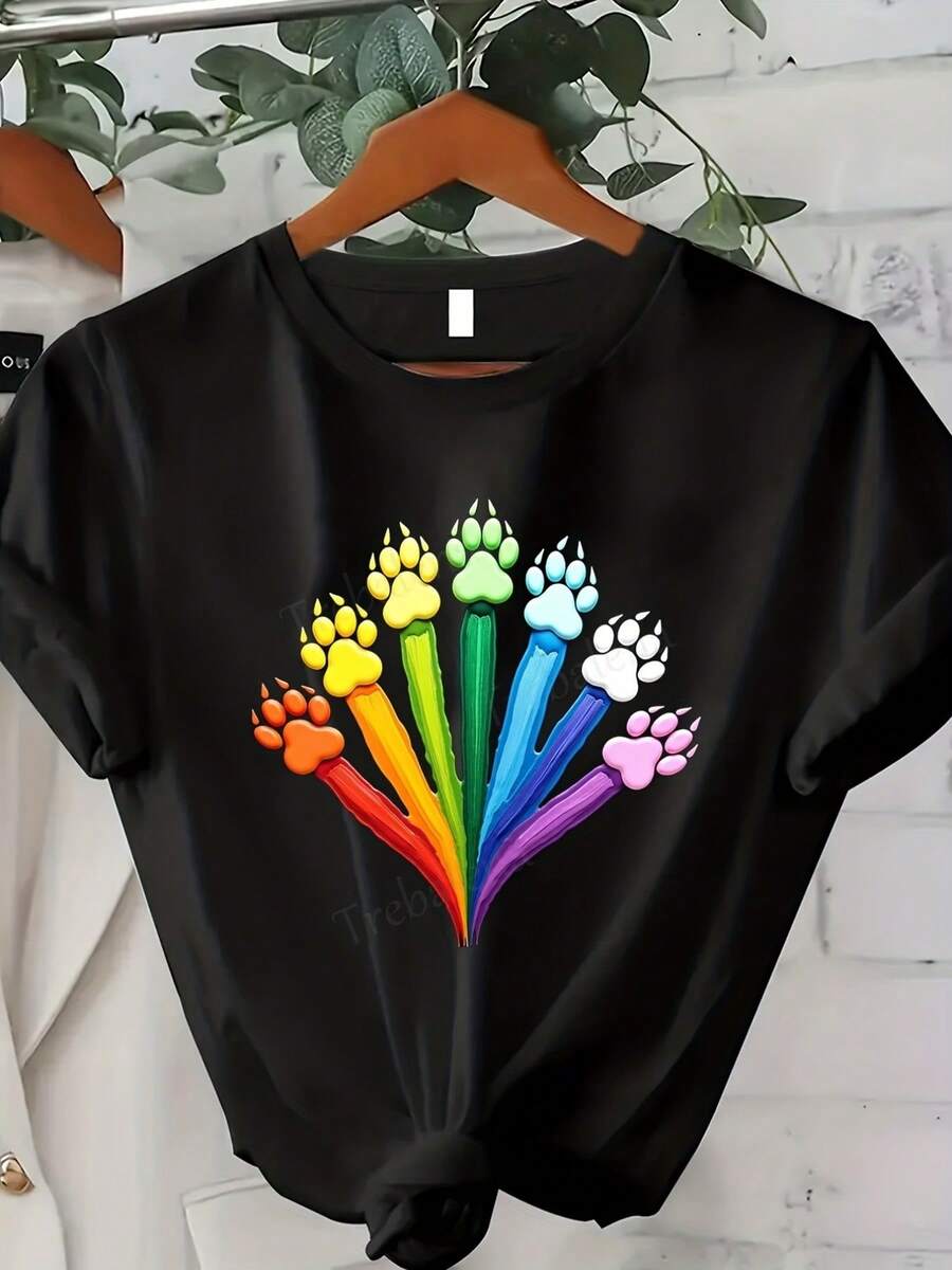 Camiseta de mujer, talla grande - Camiseta de cuello redondo talla grande con estampado de huellas de arcoíris colorido y diseño artístico, camiseta de talla grande, top casual a la moda para amantes de las mascotas, adecuada para ropa de mujer de verano y primavera, regalo para mamá, moda de temporada, diseño vintage, ajuste cómodo. - Negro - Ver 1