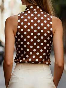 Blusa de mujer casual sin mangas con estampado de lunares, cuello en V, top de mujer, camiseta de mujer, con lunares, retro, diaria, de verano, de vacaciones - Marrón - Ver 2