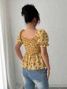 Blusa elegante de mujer con estampado floral diminuto y ajuste ceñido - Amarillo - Ver 2