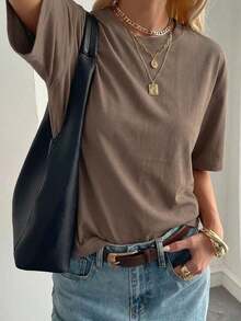 Blusa básica de manga corta, cuello redondo, corte holgado, para mujer, otoño/invierno - Café integral - Ver 7