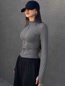 Chaqueta de manga larga sólida para mujer, ajuste delgado, minimalista ideal para primavera y verano - Gris - Ver 5