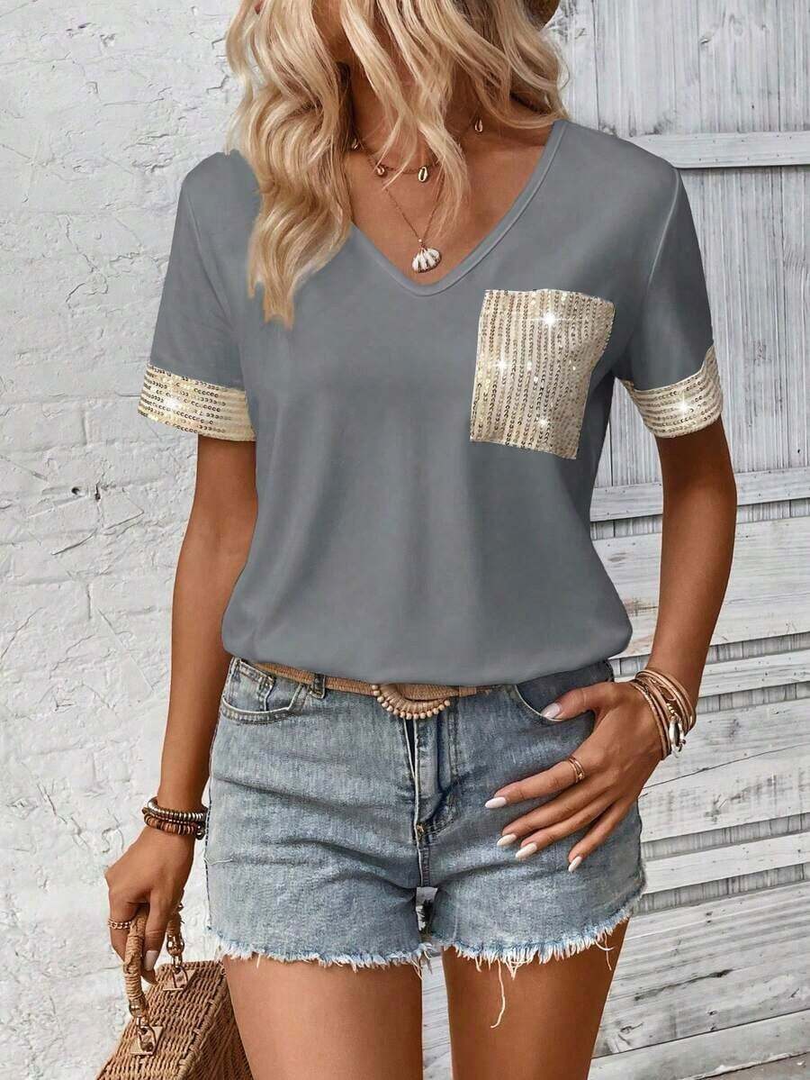 LUNE Camiseta de mujer casual de manga corta con cuello en V, parches y lentejuelas - Gris Oscuro - Ver 1