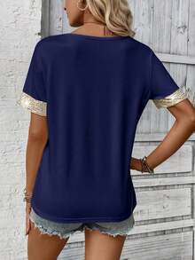 LUNE Camiseta de mujer casual de manga corta con cuello en V, parches y lentejuelas - Azul marino - Ver 2