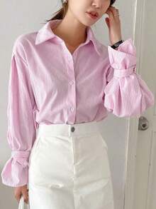 Camisa con volantes y hombros caídos a rayas verticales, blusas de manga larga, ropa de otoño - Rosa Pálido - Ver 10
