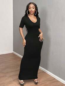 Vestido ajustado corto de manga corta con cuello en V liso para baile de graduación - Negro - Ver 7