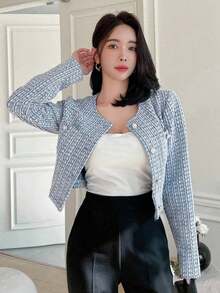 Chaqueta Con Estampado De Cuadros Con Cuello Redondo Corto, Frente Abierto Y Mangas Largas - Azul - Ver 4