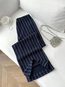 Pantalones casuales de mujer de corte holgado a rayas, versátiles para uso diario, estilo universitario - Azul marino - Ver 7