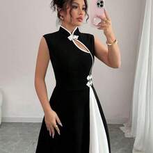 Vestido elegante de mujer con diseño de botones, cuello polo y bloqueo de color - Negro - Ver 4
