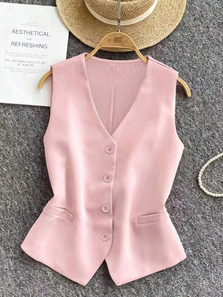 Chaqueta casual de mujer sin mangas de unicolor para vacaciones - Rosa - Ver 1