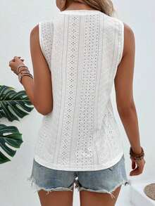 Top holgado de verano sin mangas de cuello redondo, unicolor, con bordado quemado - Blanco - Ver 2