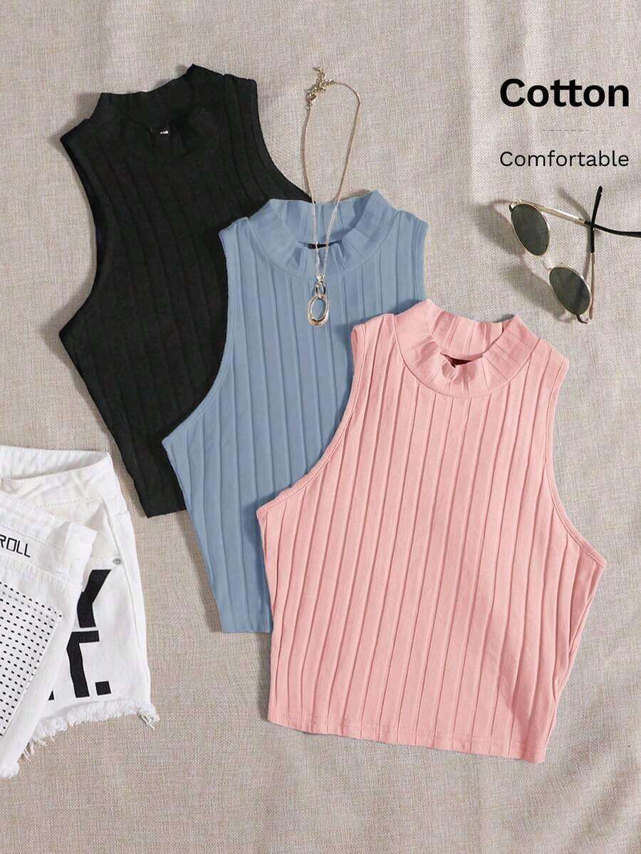 Top de tanque casual sólido de cuello redondo acanalado para el verano - Multicolor 8 - Ver 1