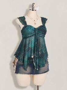 ICON Camiseta asimétrica transparente con estampado de cachemira para mujer de talla grande, top de rave, top transparente, para vacaciones de verano, temporada de graduación, temporada de regreso a clases, ropa de verano, Y2K. - Azul - Ver 6