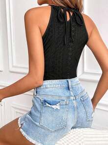 Frenchy Top sin mangas ajustado con cuello de halter y encaje de contraste para vacaciones de mujer - Negro - Ver 2