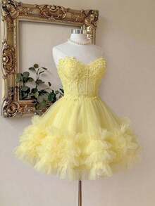 Elegante y lujoso vestido corto hecho a mano con aplicaciones bordadas, encaje de ganchillo y parches de satén, con abertura en la cintura, adecuado para citas, fiestas de solteros, galas, bailes, Día de San Valentín - Mostaza Amarilla - Ver 7