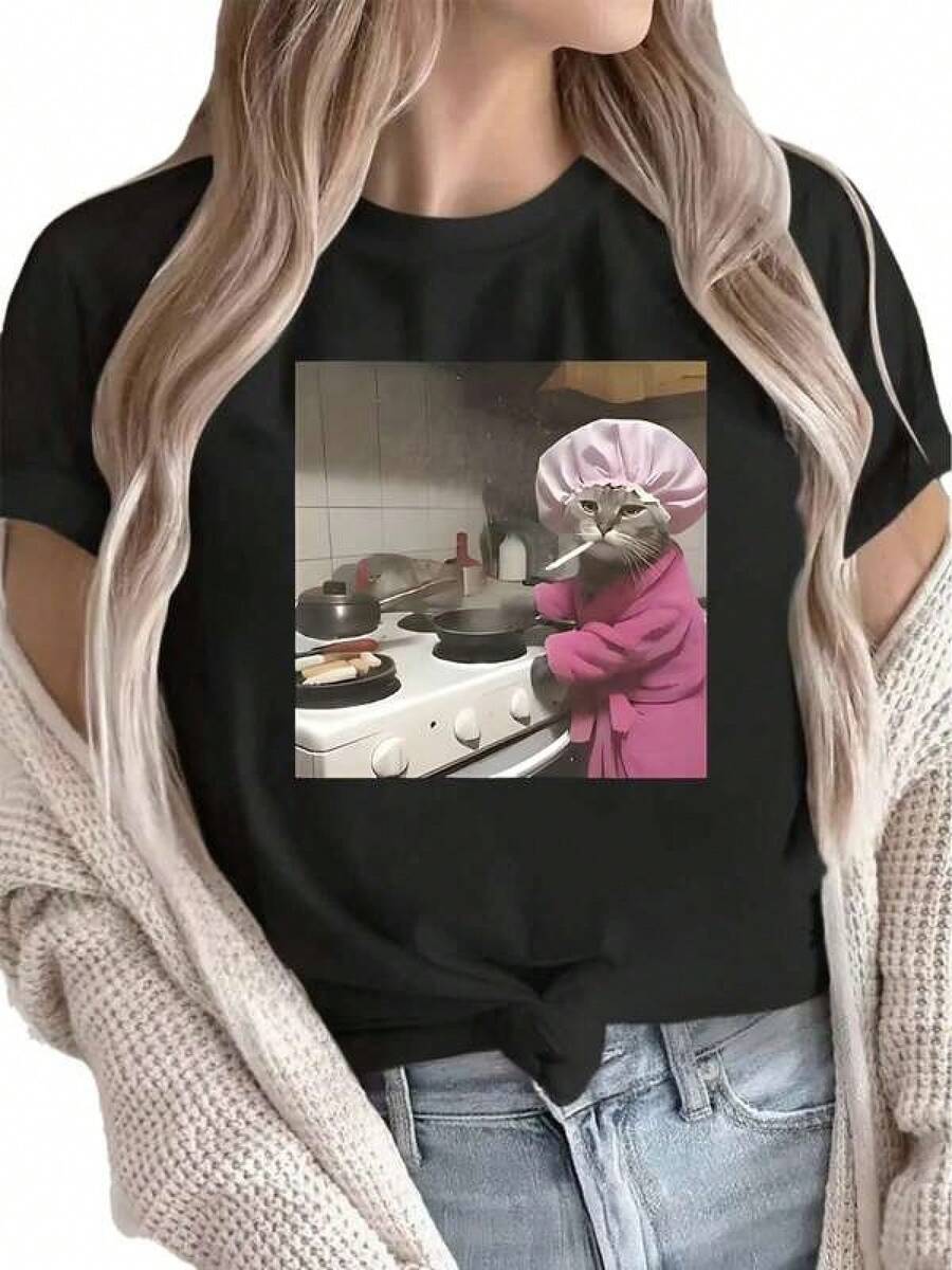 New 2026 Women's T-Shirts, Unique T-Shirt With A Fun Design Of A Chef Cat In The Kitchen, Perfect For Food Lovers And Y2K Meme Fans, Ideal For A Casual And Original Look On Any Occasion - 黑色 - 查看 1