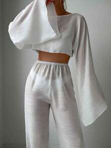 Conjunto de 2 piezas para vacaciones de primavera de mujer con top con cintura entrelazada de unicolor y manga larga holgada que deja el ombligo al descubierto, estilo bohemio de festival - Blanco - Ver 3