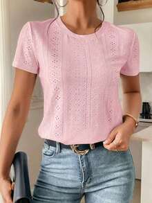 Camiseta blanca de cuello redondo con bordado de ojales, minimalista para ir a la oficina, estilo antiguo y sencillo - Rosa Pálido - Ver 9