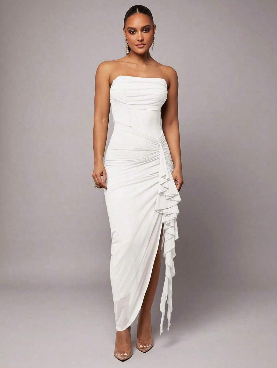 Vestido elegante de primavera y verano temprano con estampado floral verde, cuello fruncido, manga abullonada y abertura alta, también adecuado para el Día de San Valentín, citas, ocasiones románticas;talla grande vestido ajustado de encaje para mujeres, vestido para el Día de San Valentín, vestido de fiesta, vestido para citas románticas, vestido de dama de honor, vestido de noche, vestido para el trabajo, vestido de cumpleaños, vestido de noche elegante para mujeres, vestidos elegantes para mujeres, vestidos para mujeres, vestidos de fiesta para mujeres, vestidos formales para mujeres, vestidos de verano para mujeres - Blanco - Ver 1