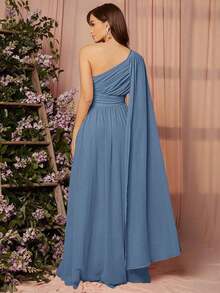 1 pieza Vestido de dama de honor con un solo hombro drapeado, elegante vestido de manga larga - Niebla azul - Ver 2
