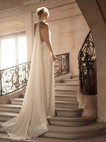 Nuevo elegante vestido de satén de cola de sirena con escote en V profundo, tirantes finos y cintura alta, sin espalda, adecuado para bodas, fiestas, recepciones, San Valentín y otras ocasiones de primavera - Blanco - Ver 4