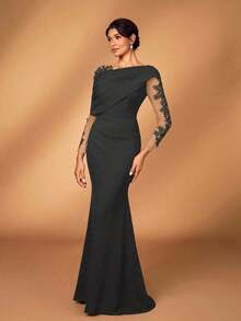 Elegante y romántico vestido de lujo de punto elástico verde oliva con contraste de malla, volante asimétrico en el hombro, ajustado y con bajo de cola de pez, adecuado para fiesta de noche, cita, baile de graduación, boda, luna de miel - Gris - Ver 5