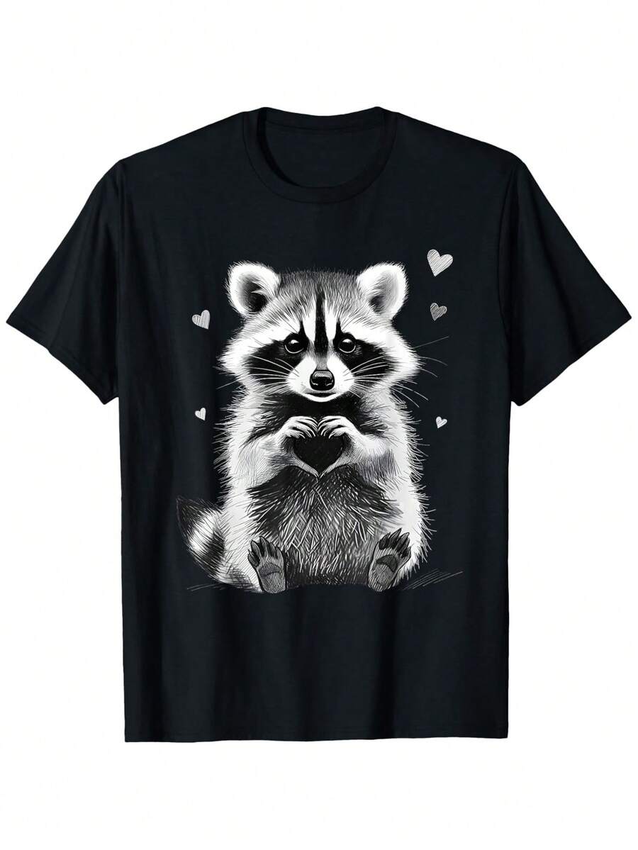 I The Valentine's Day Raccoon Print T-Shirt. | Casual Loose Fit, Round Neck, Slightly Stretchy Fabric, Very Suitable For Adults. - 如圖所示 - 查看 1