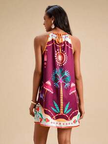 Vestido corto holgado con hombros al descubierto y estampado tejido para mujeres para vacaciones - Multicolor - Ver 2