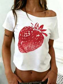 Camiseta casual de uso diario con hombro asimétrico de unicolor para mujer - Blanco - Ver 3
