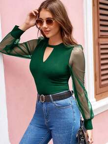 Privé Top de cuello con abertura de ojo de malla en contraste de manga farol - Verde Oscuro - Ver 7