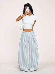 Pantalones anchos de verano con dobladillo curvo verde, estilo vintage, casual y para salir - Azul 2 - Ver 3