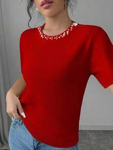 Camiseta de manga corta con decoración de strass para mujer, verano - Rojo - Ver 3