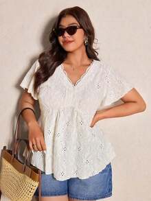 CosyJoli Camiseta de mujer de talla grande con cuello en V, parche de encaje y textura a rayas en forma de A - Beis - Ver 1