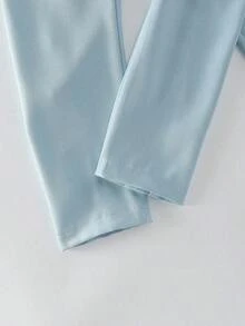 Conjunto de blazer y pantalón de bolsillo de unicolor azul con botones dorados y cuello entallado elegante para mujer, versátil para otoño/invierno - Azul - Ver 4