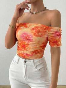 Camiseta de manga corta plisada con cuello recto en línea - Naranja - Ver 3