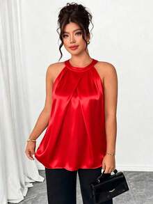 Camiseta sin mangas con pliegues 3D elegante para mujer de talla grande, versátil para fiesta, té de la tarde, ir al trabajo, color caqui - Rojo - Ver 4