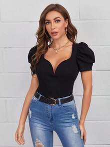 Privé Camiseta De Punto Con Cuello De Corazón, Mangas Abullonadas Y Tejido Acanalado - Negro - Ver 1