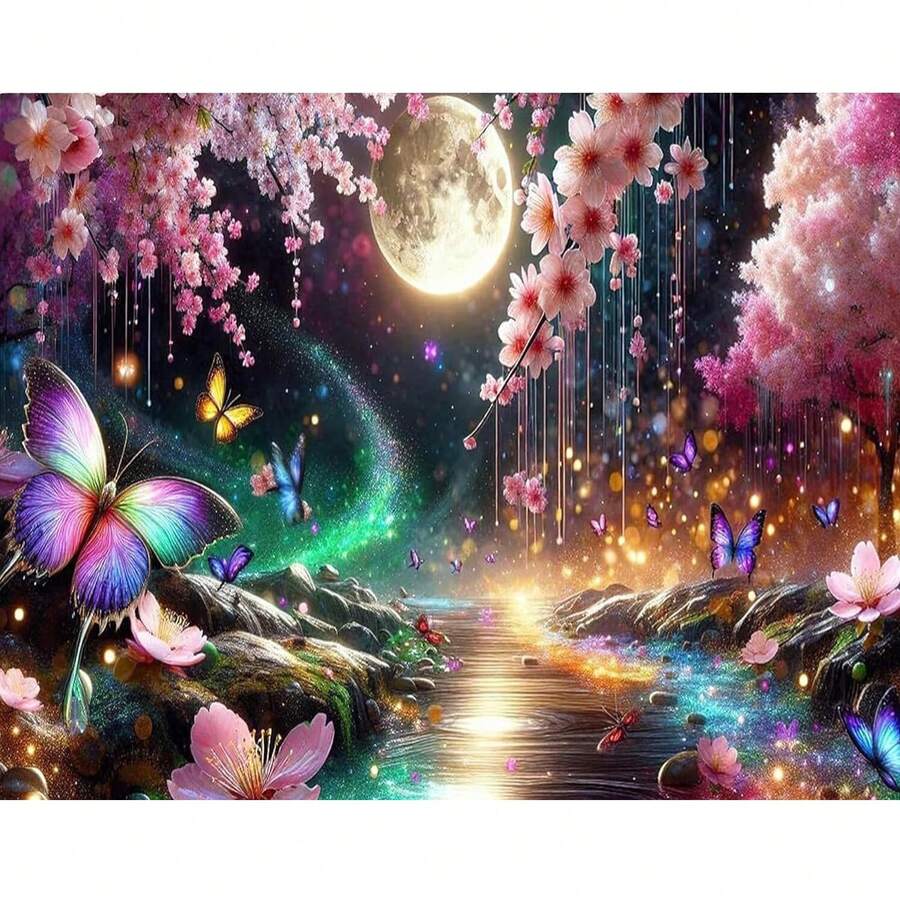 一套DIY钻石画套装 - 梦幻夜景,花朵、蝴蝶和月亮,圆形钻石马赛克艺术品,适合初学者,家居墙面装饰,独特礼物,不含画框 - 無框 - 查看 1