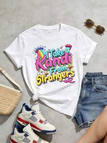 Ropa de verano para mujer, camiseta de algodón suave y casual con cuello redondo, estampado de letras de camuflaje con la frase "I Take A Kandi From Strangers". - Blanco - Ver 2