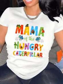 Camiseta Casual para Mujer de Diseño Simple y Versátil con Estampado Colorido de "Mama Of The Hungry Caterpillar" - Perfecta para Uso Diario, Conjuntos de Mamá y Ocasiones Especiales |     Entrega Rápida, Camiseta de Poliéster Tejida de Manga Corta y Cuello Redondo, Moderna para Uso Diario - Camiseta Holgada 100% Algodón - Blanco - Ver 7