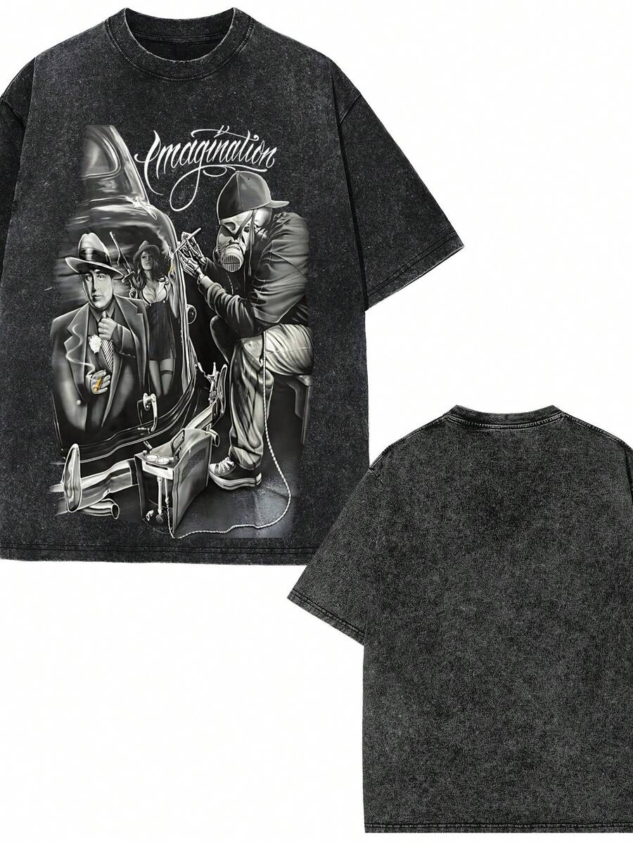 David Gonzales Men's Imagination Al Capone Mafioso Lowrider Chicano DGA Art T Shirt Medium Black,Vintage Black Acid Wash T-Shirt, Unisex Loose Fit Short Sleeve Crew Neck Casual Cotton Tee,Cosplay - 黑色 - 查看 1
