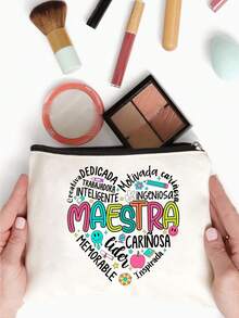 Maestra Theme Makeup Bag Set, Spanish Teacher's Day Gift Makeup Bag, "Gracias Maestra" Floral Heart Print Canvas Zipper Bag, Maestra Letter Pattern Makeup Bag, Floral Print Zipper Women's Makeup Bag, Gift For Her, Suitable For Women's Cosmetic Storage, College Dorm Cosmetic Storage, Women's Travel, Gift Bag, Teacher's Day Gift Bag - Multicolor - View 10